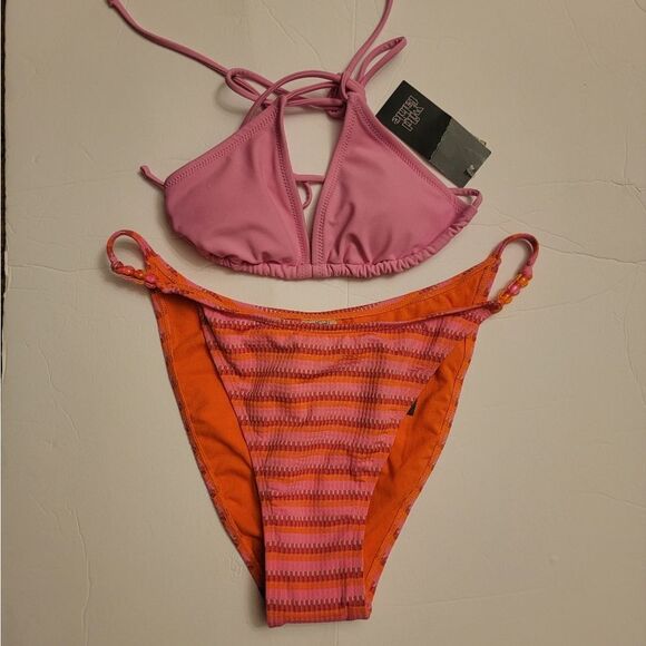 🆕️👙Striped Pink and Orange Bikini Bottom With Bead Detail, Sz L - Picture 6 of 8